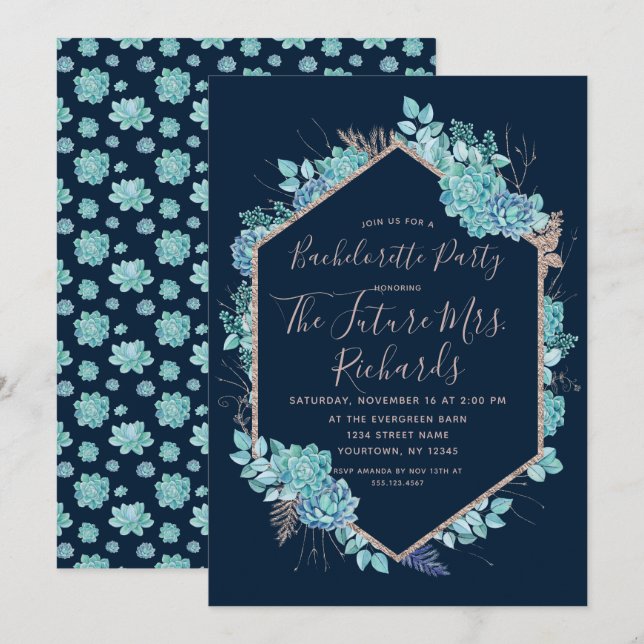 Inbjudan till Navy Blue Succulents Bachelorette-pa (Fram/baksida)