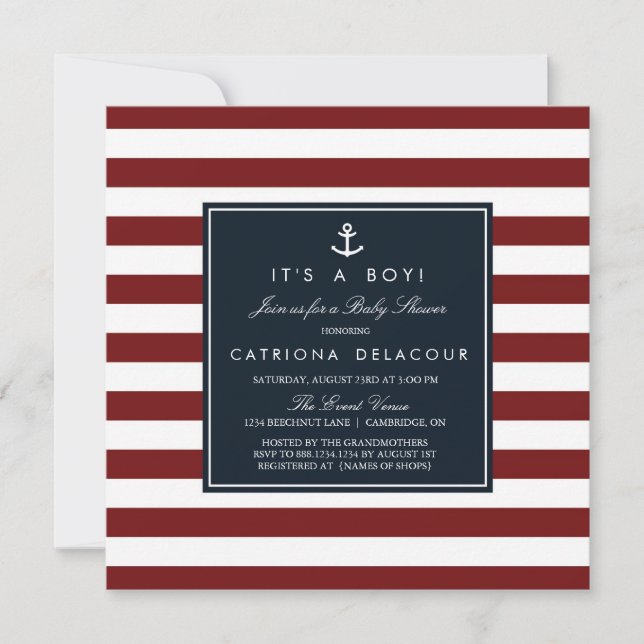 Inbjudan till Navy och Red Nautical Baby Shower (Framsida)