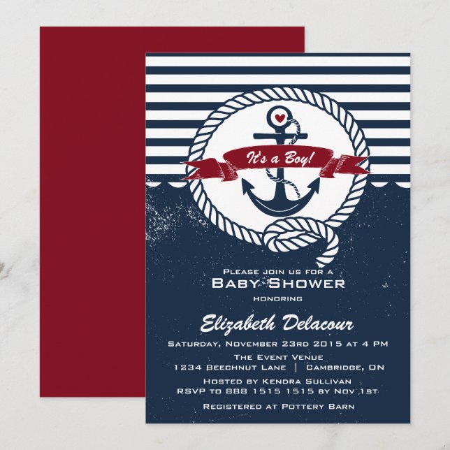 Inbjudan till Navy & Red Rustic Nautical Baby Show (Fram/baksida)