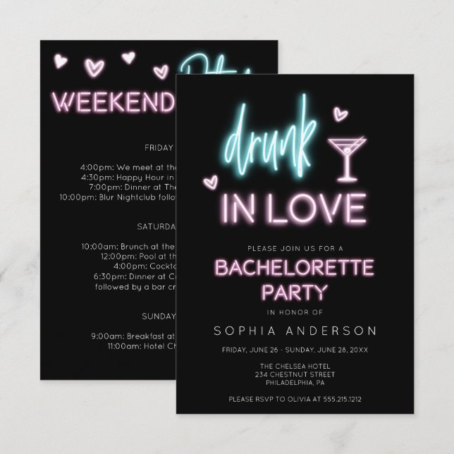 Inbjudan till Neon Bachelorette-partiet på italien (Fram/baksida)
