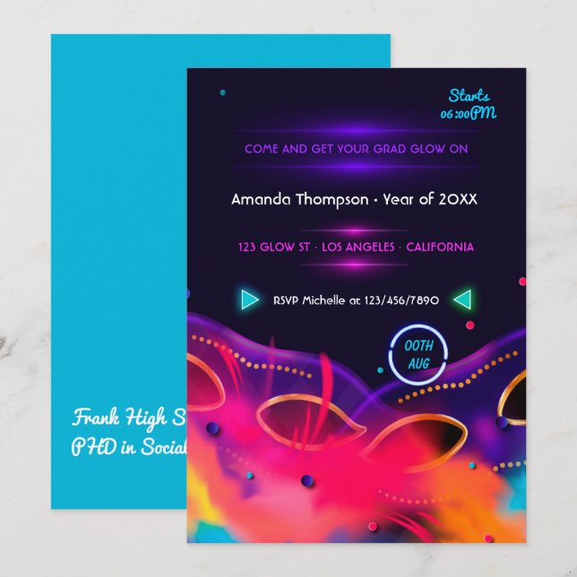 Inbjudan till Neon Glow-Studentfest (Fram/baksida)