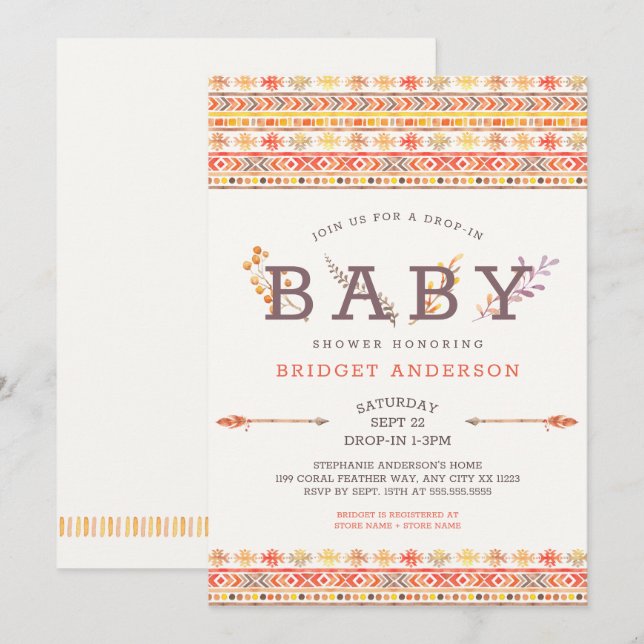 Inbjudan till neutralt Boho Tribal Baby Shower (Fram/baksida)
