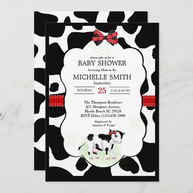 Inbjudan till neutralt Cow Print Baby Shower (Fram/baksida)