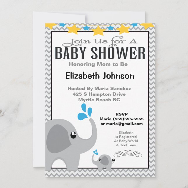 Inbjudan till neutralt Mamma & Baby Elephant Baby  (Framsida)