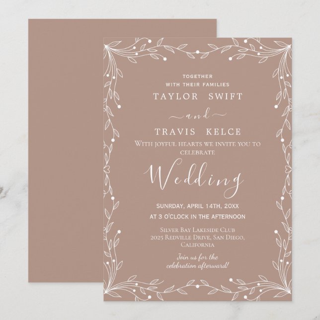 Inbjudan till neutralt minimalt Löv-bröllop (Fram/baksida)