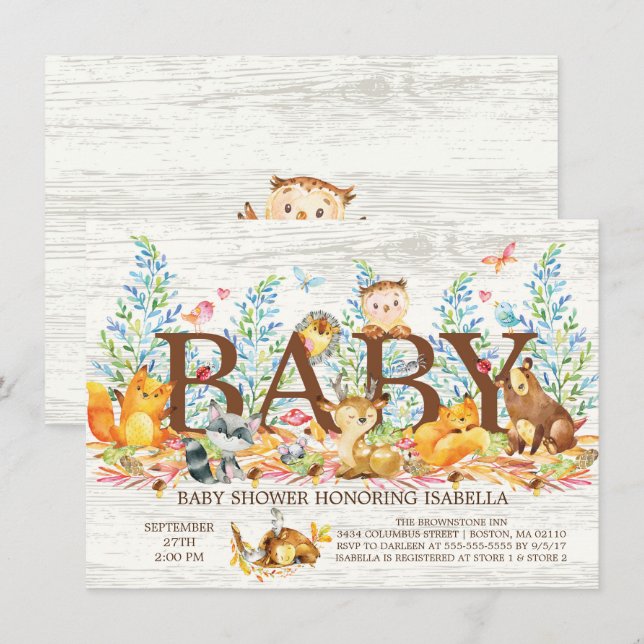 Inbjudan till Neutralten Babykläder för Rustic Woo (Fram/baksida)