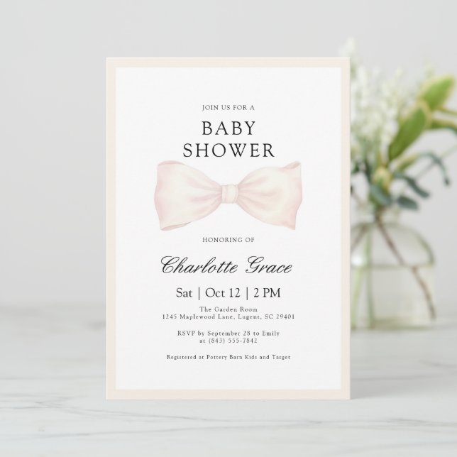 Inbjudan till neutralten Cream Bow Baby Shower (Stående Fram)