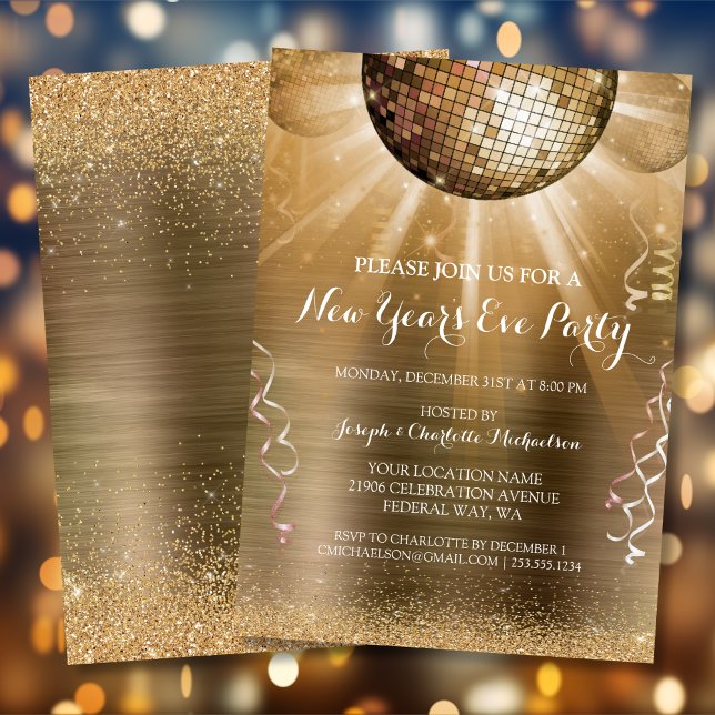 Inbjudan till Nyårsafton av metalliska Guld Glam-p (Metallic Gold Glam New Year's Eve Party Invitation)