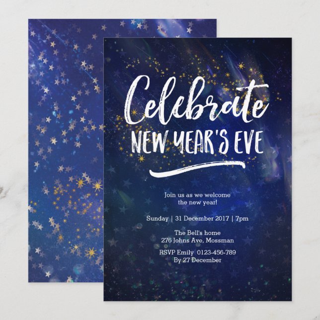 Inbjudan till nyårsafton party Starry himlar (Fram/baksida)
