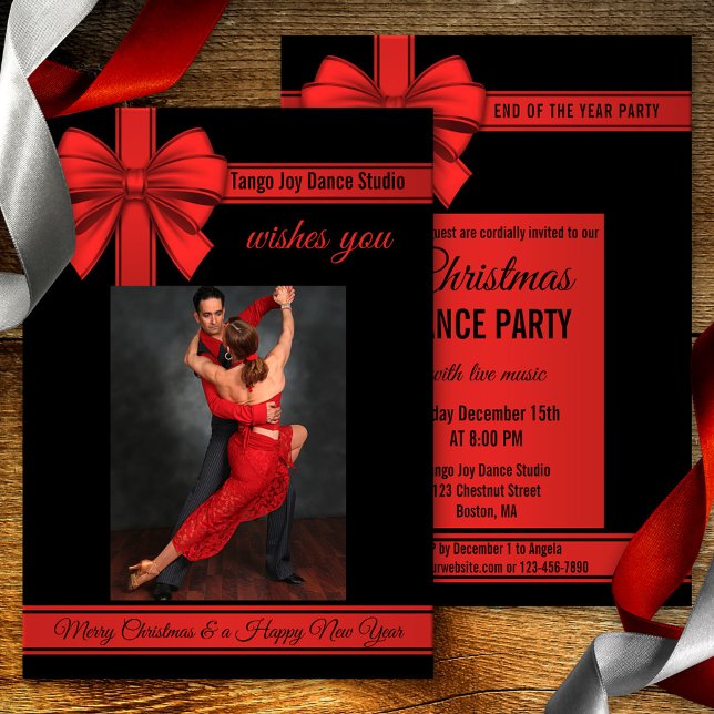 Inbjudan till nyårspartiet Tango-jul (A minimalist black and red Christmas or New Year's Eve tango dance party invitation with your photo)