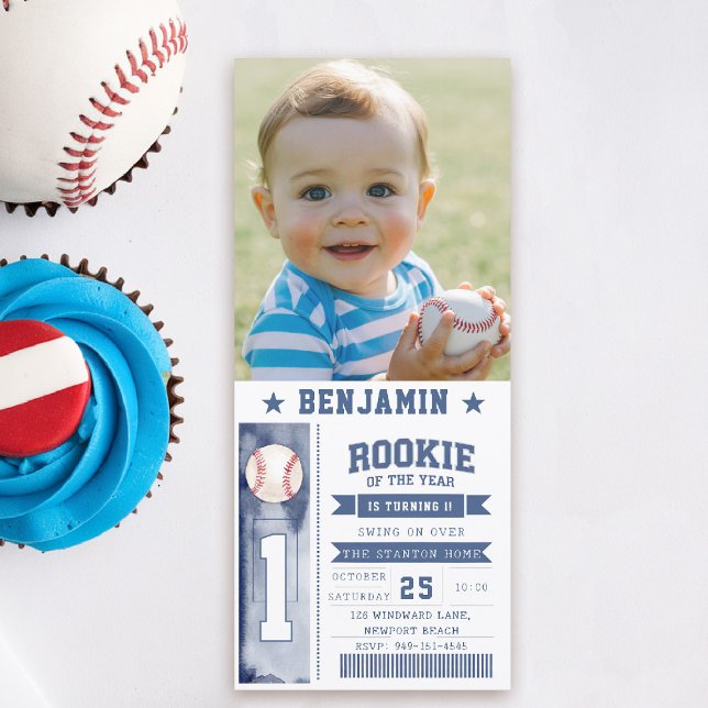 Inbjudan till nybörjarbaseball Photo Blue Boy Birt (boy 1st birthday invitation photo baseball rookie of the year sports ticket blue game time cute)