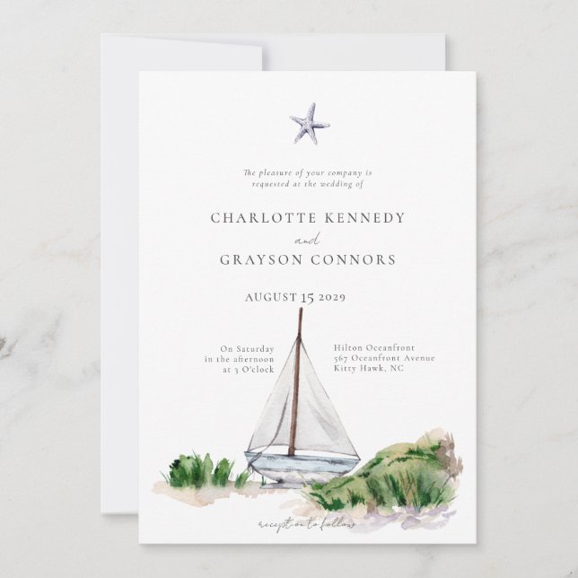 Inbjudan till Ocean Beach Watercolor Coastal Weddi (Framsida)