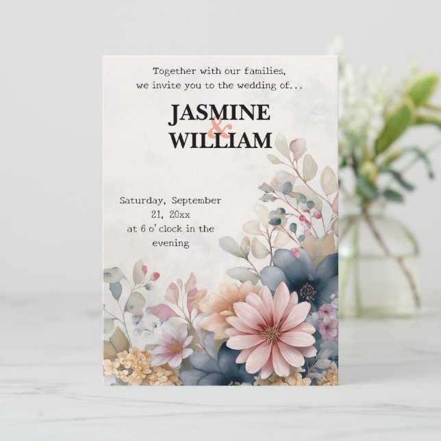 🌺 inbjudan till  och blå Blommigt 💌 🌿 (Stående Fram)