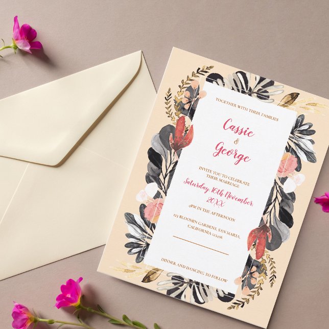 Inbjudan till  och svart Blommigt med romsk  (Romantic Blush & Black Floral Wedding Invitation Postcard)