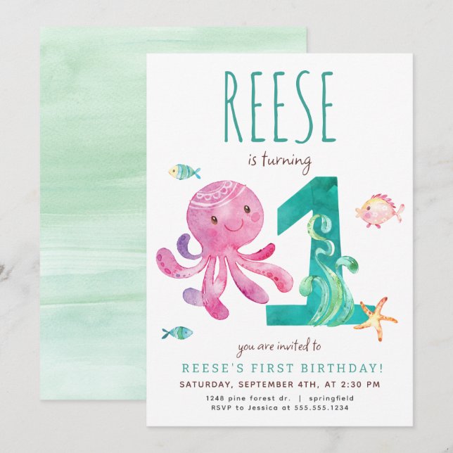 Inbjudan till Octopus första födelsedag (Fram/baksida)
