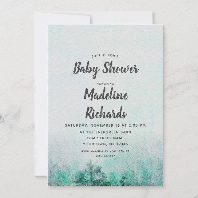 Inbjudan till ombre Forest Watercolor Baby Shower (Framsida)