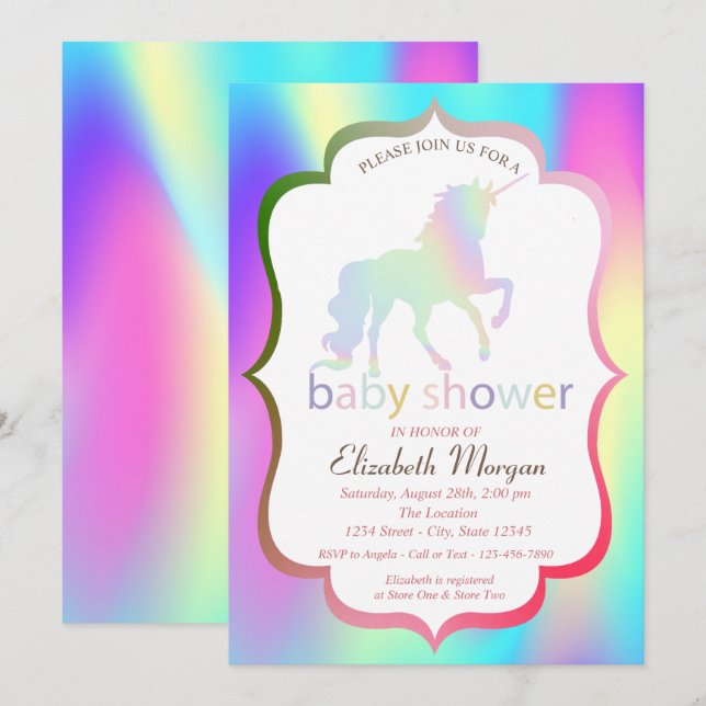 Inbjudan till Ombre HoloGraps Unicorn Baby Shower (Fram/baksida)