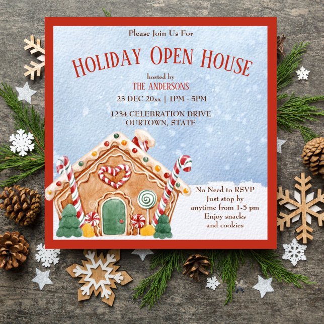Inbjudan till öppen helgdag för ingefingerbrödhus (Ginger bread house Christmas holiday open house editable template invitation digital download)