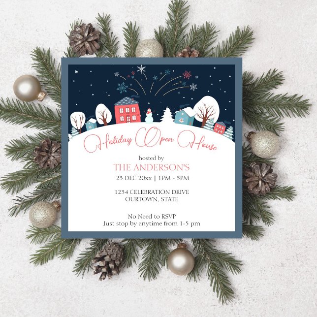 Inbjudan till öppen helgdag-part för vinterby (Winter village holiday open house party editable template invitation digital download cute houses)