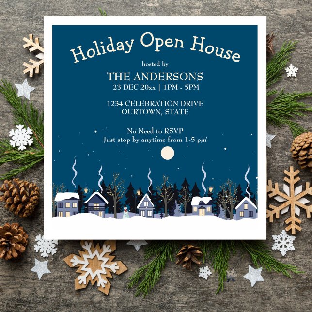 Inbjudan till öppen helgdag-part för vinterby (Winter village holiday open house party editable template invitation digital download)