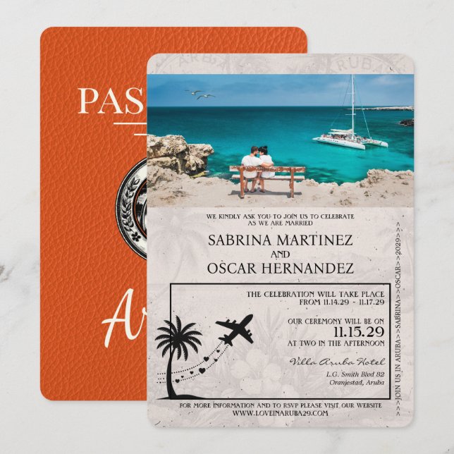 Inbjudan till orange Aruba Passport Wedding (Fram/baksida)
