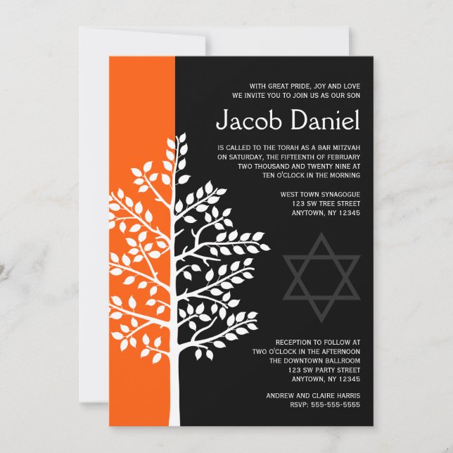 Inbjudan till orange Black Livets träd Pub Mitzvah (Framsida)