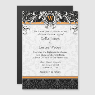 Inbjudan till orange Black Monogram Magnetic Weddi Magnetisk Inbjudningskort