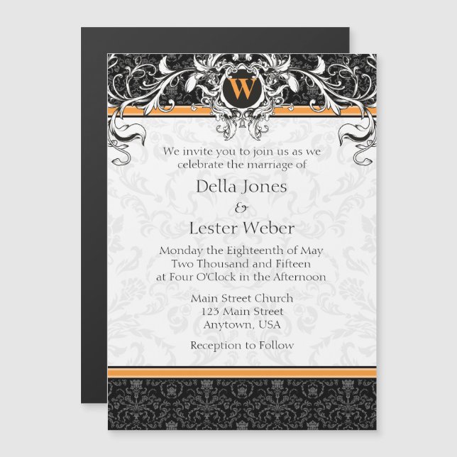 Inbjudan till orange Black Monogram Magnetic Weddi Magnetisk Inbjudningskort (Fram/baksida)