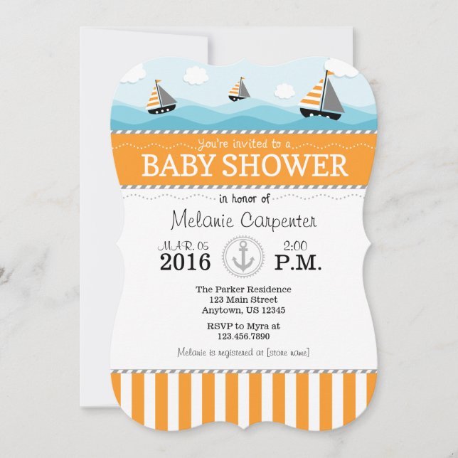 Inbjudan till Orange Blue Nautical Baby Shower (Framsida)
