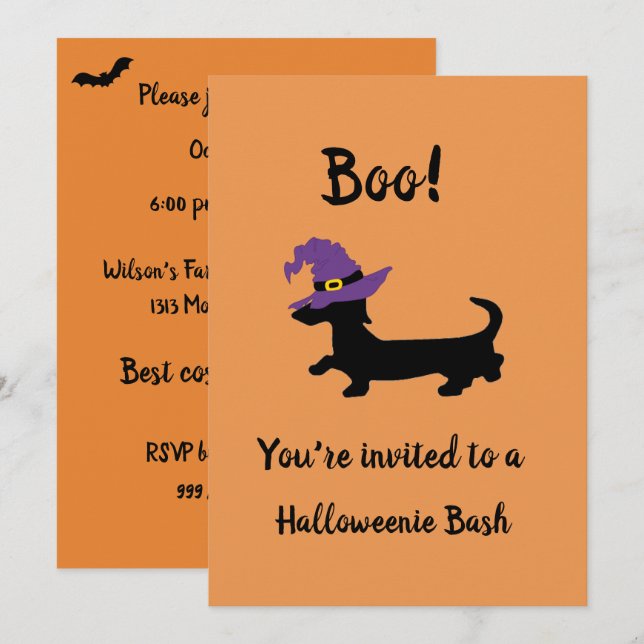 Inbjudan till orange Dachshund Witch Halloween fes (Fram/baksida)