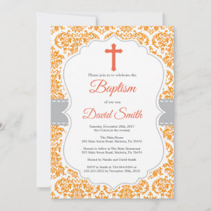 Inbjudan till orange Damask Kor-baptism