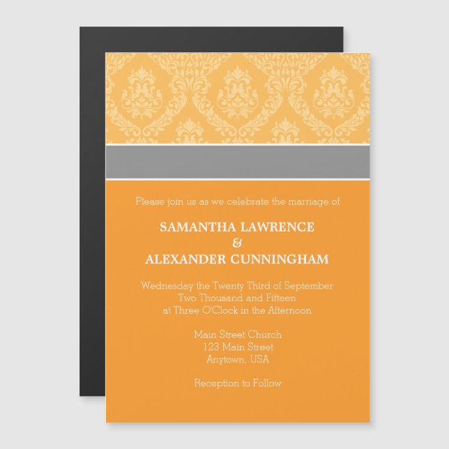 Inbjudan till orange Damask Magnetic Wedding Magnetisk Inbjudningskort (Fram/baksida)