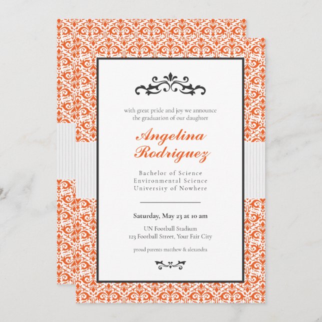 Inbjudan till orange Damask Pattern Photo Studente (Fram/baksida)
