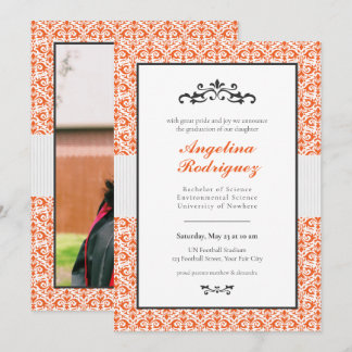 Inbjudan till orange Damask Pattern Photo Studente