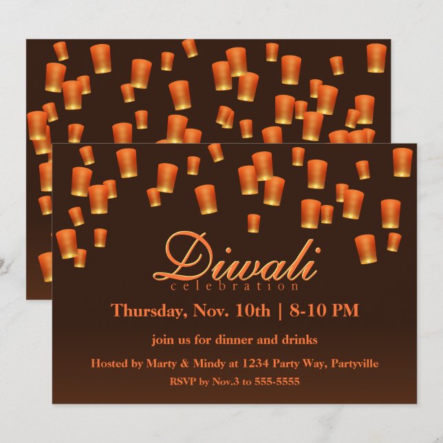Inbjudan till orange Diwali Himlar Lanterners (Fram/baksida)