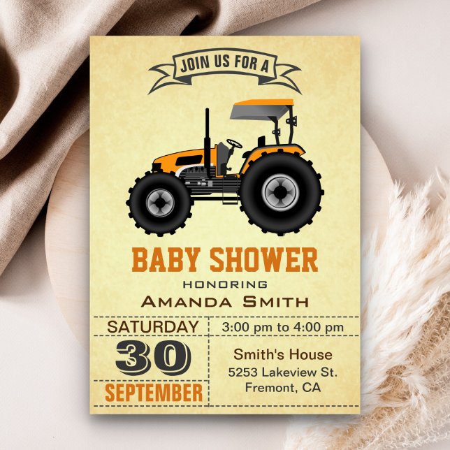 Inbjudan till orange Farm Tractor Baby Shower (Skapare uppladdad)