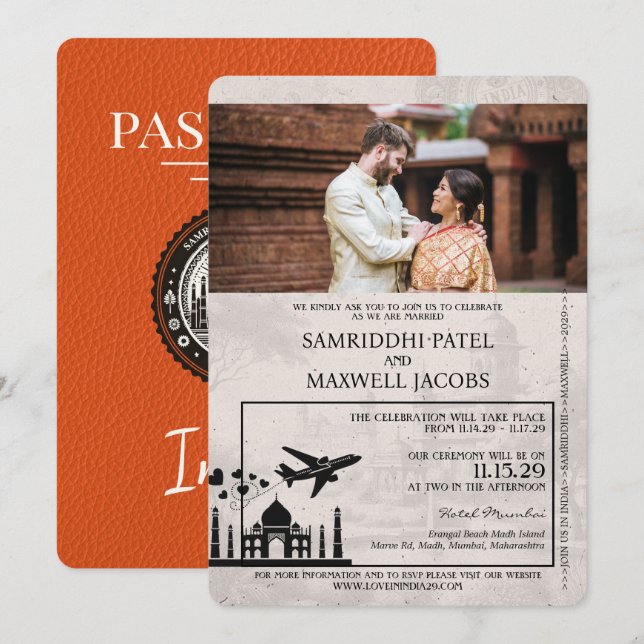 Inbjudan till orange India Passport Wedding (Fram/baksida)
