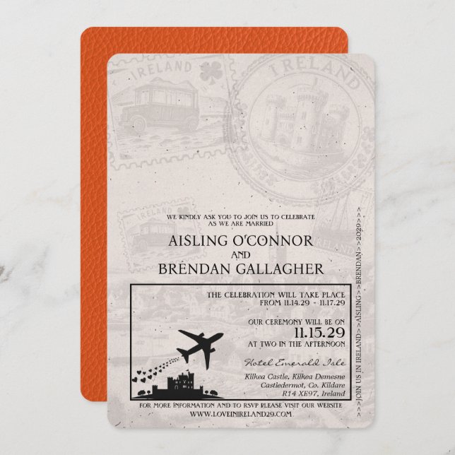 Inbjudan till orange Ireland Passport Wedding (Fram/baksida)