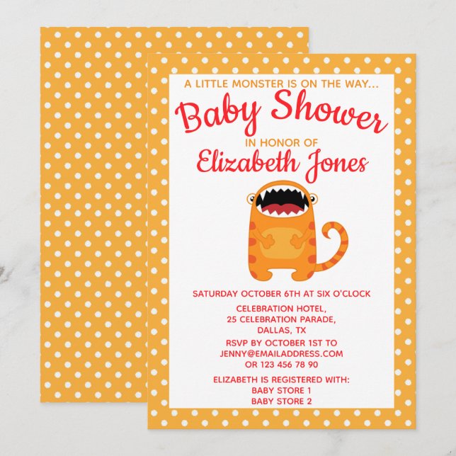 Inbjudan till orange Little Monster Baby Shower (Fram/baksida)