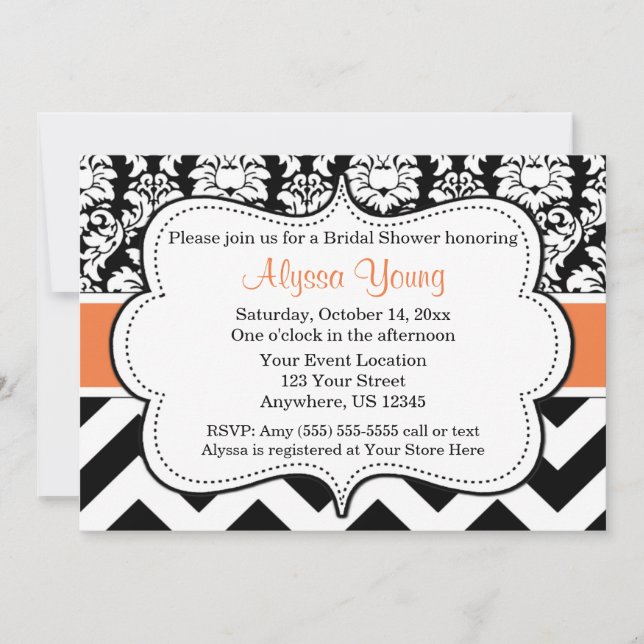 Inbjudan till Orange- och Black Chevron Damask (Framsida)