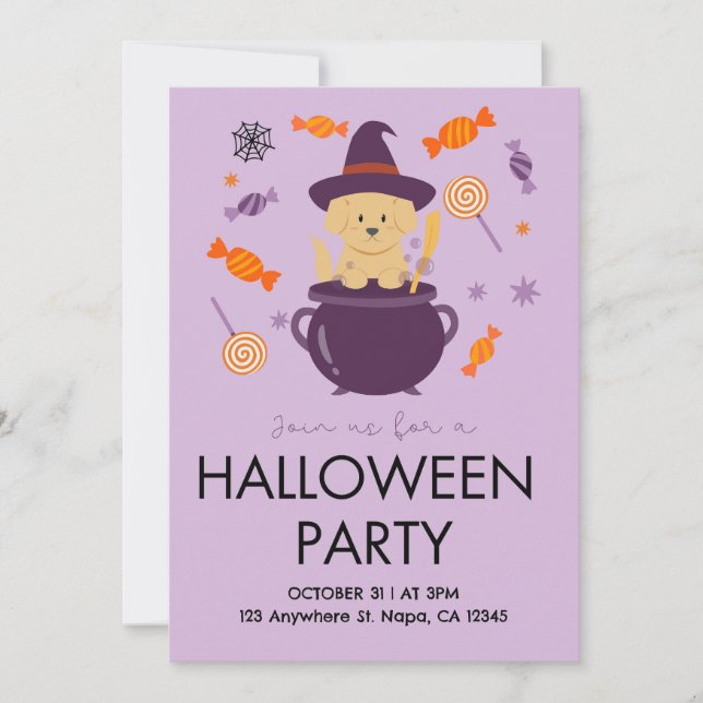 Inbjudan till orange och Lilac Hund Halloween fest (Framsida)