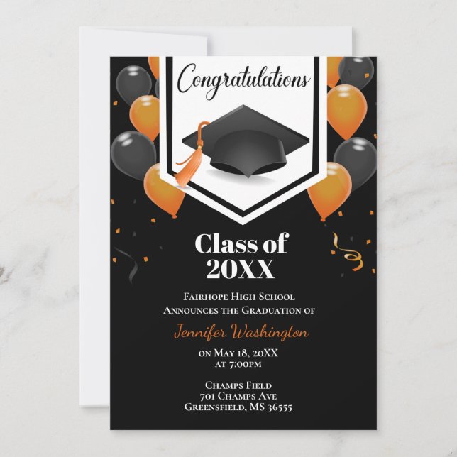 Inbjudan till orange och svart konfekti studenten (Framsida)