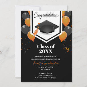 Inbjudan till orange och svart konfekti studenten