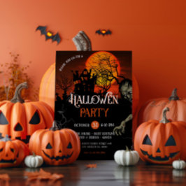Inbjudan till orange och svartvitt Halloween fest