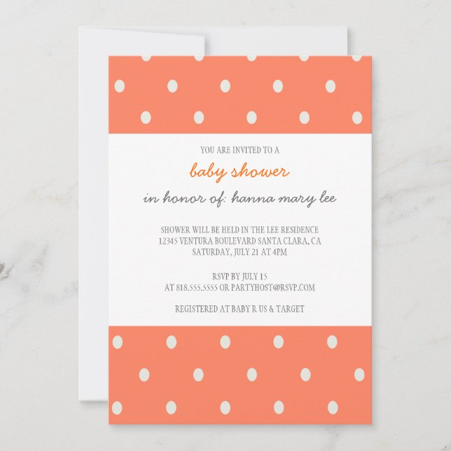 Inbjudan till orange Polka Dot Baby Shower (Framsida)