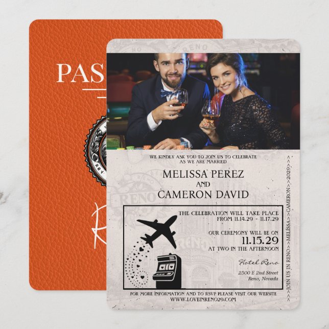 Inbjudan till orange Reno Passport Wedding (Fram/baksida)