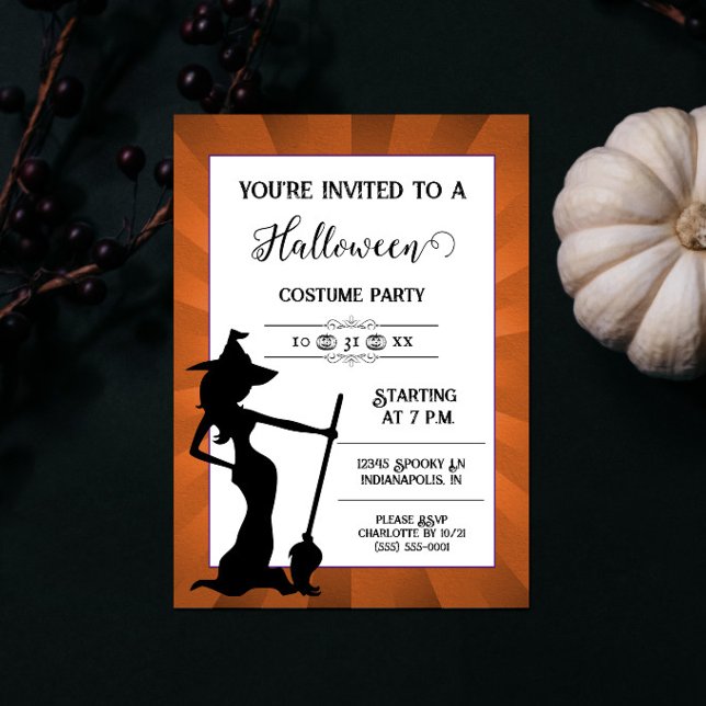 Inbjudan till orange Starburst Witch Halloween fes (Orange Starburst Witch Halloween Party Invite)