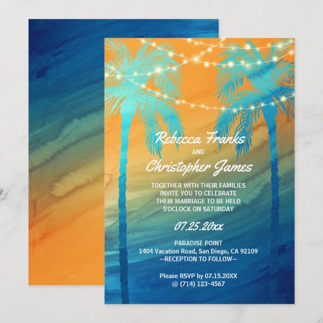 Inbjudan till orange Teal Blue Tropical Wedding (Fram/baksida)