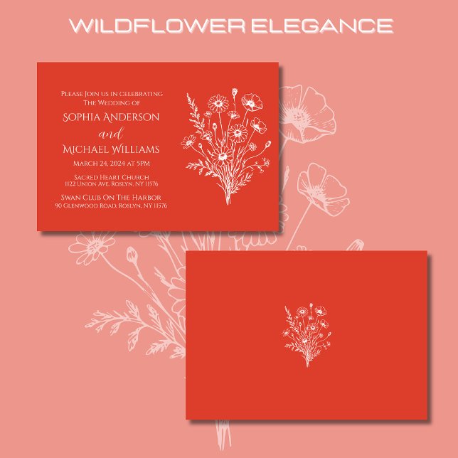 Inbjudan till Orangen Wildblome-Bröllop Red (Wildflower Elegance Wedding Invitations-Red Orange-Rustic, country, bohemian, elegant)