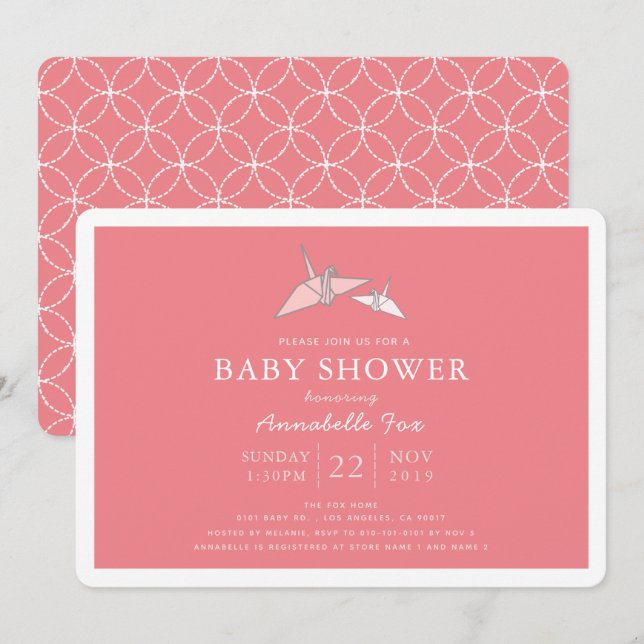 Inbjudan till Origami Papper Cranes Rosa Baby Show (Fram/baksida)